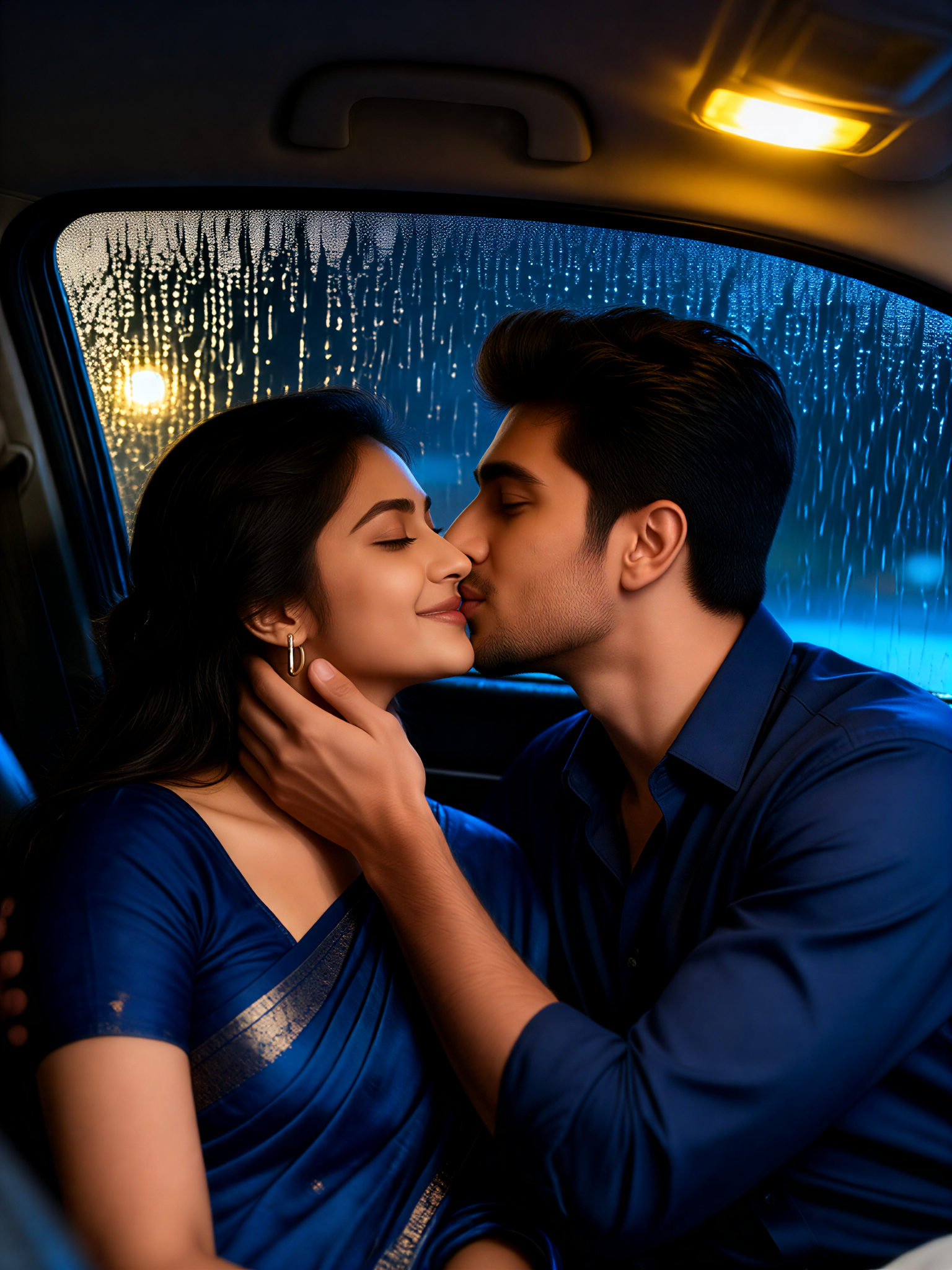 Blue Saree Car Kiss image