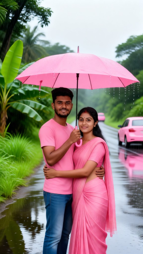 Rainy season couple movie-style photo image