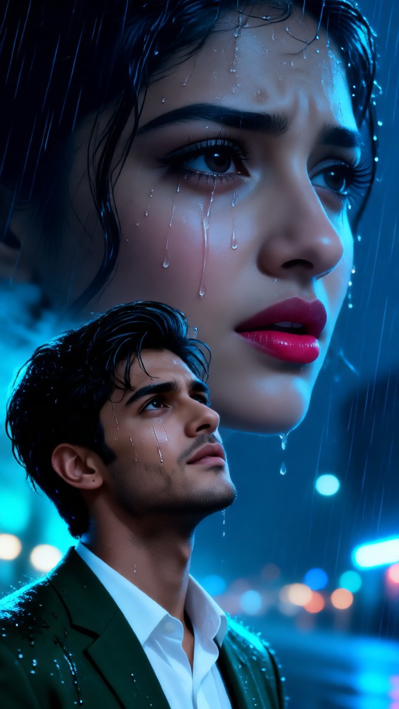 Sad man and woman on a rainy day image