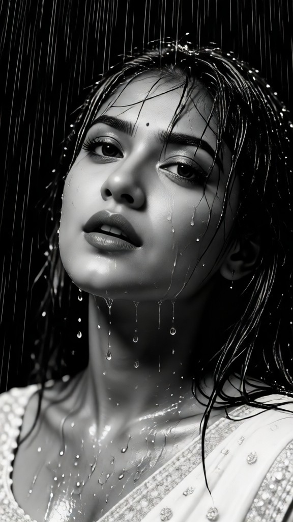 Moody Black-and-White Rainy Night Portrait image