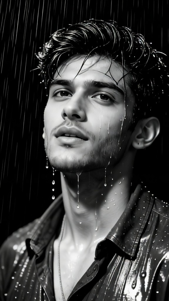 Moody Black-and-White Rainy Night Portrait image