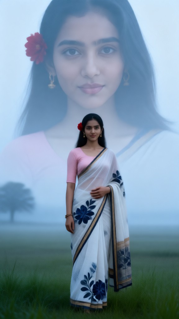 Grey White Saree In Forest image