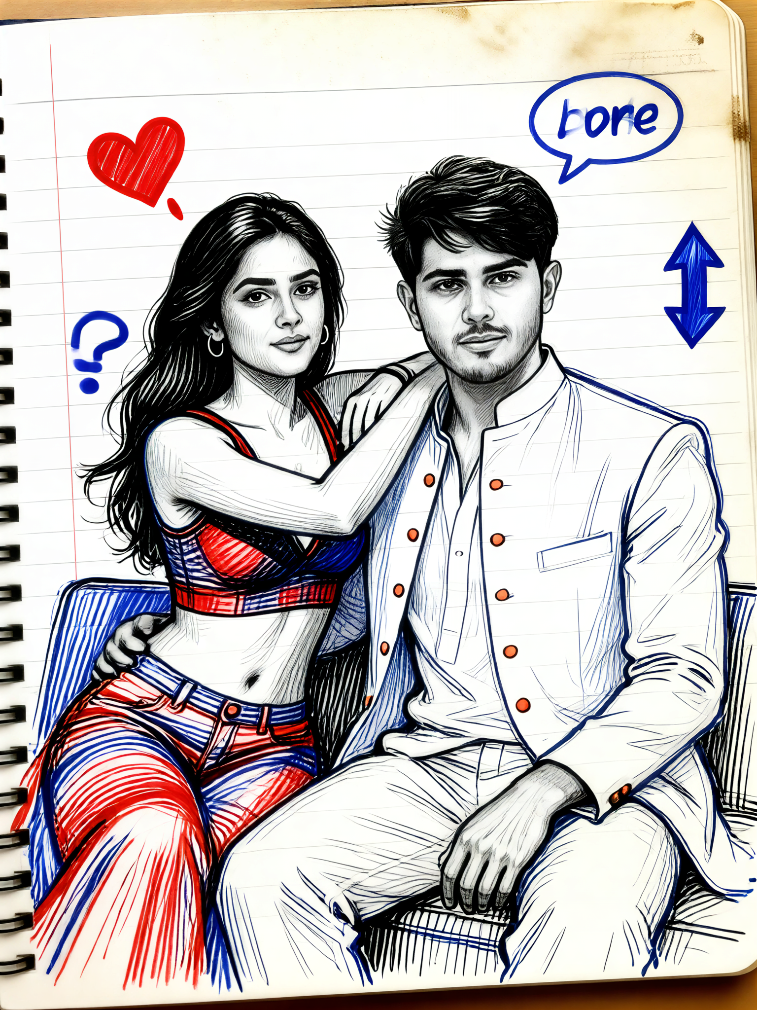 Red and blue ballpoint pen sketching couple image