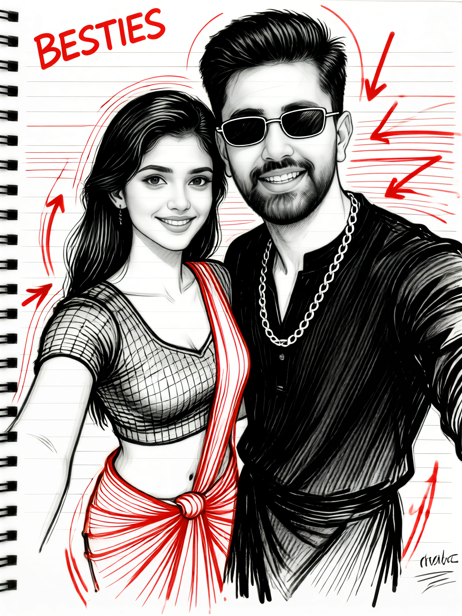 Couple Handdrawn Notebook - Cool Red Ink Couple Selfie image