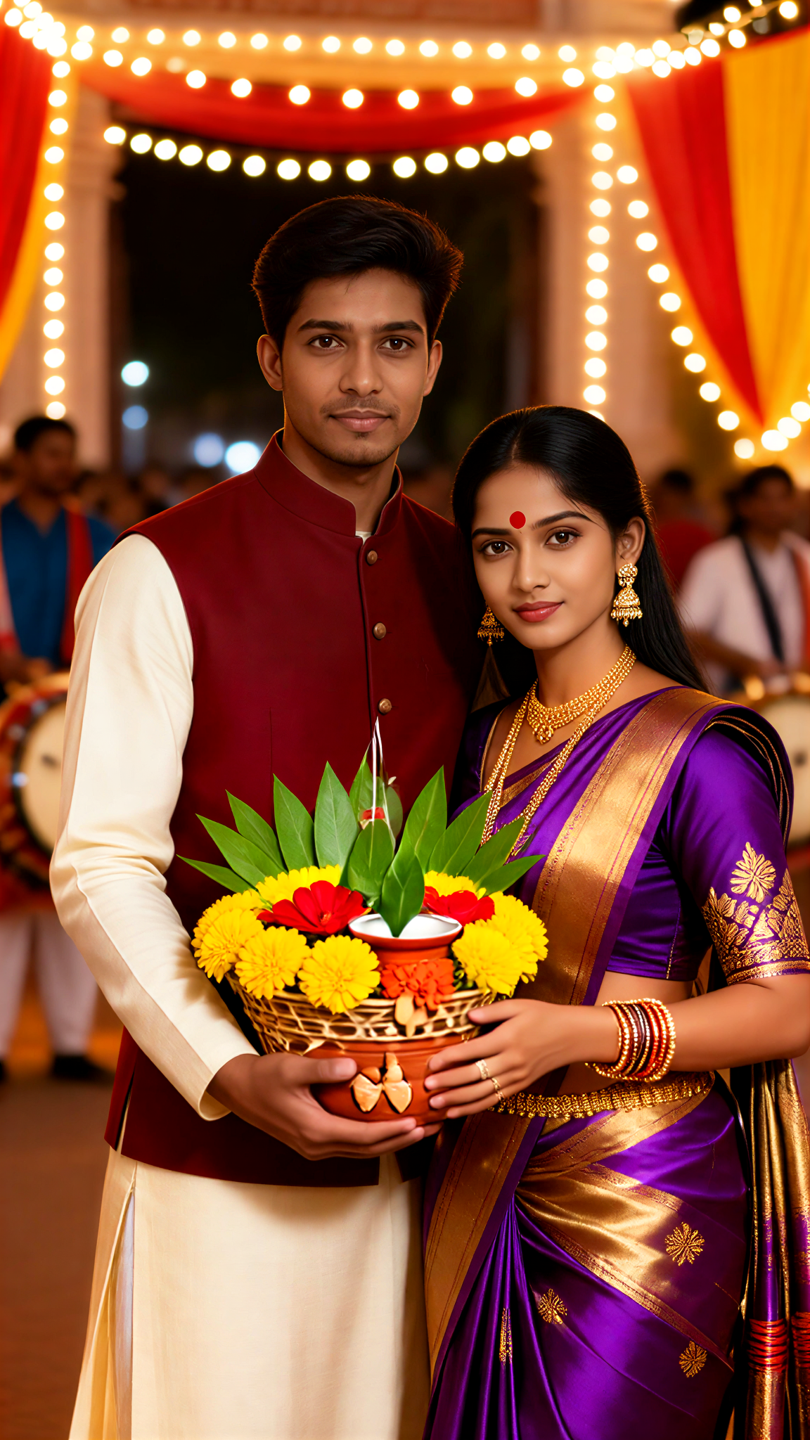 Bonalu Couple Holding Flower Baskets in a Blessing Photo image