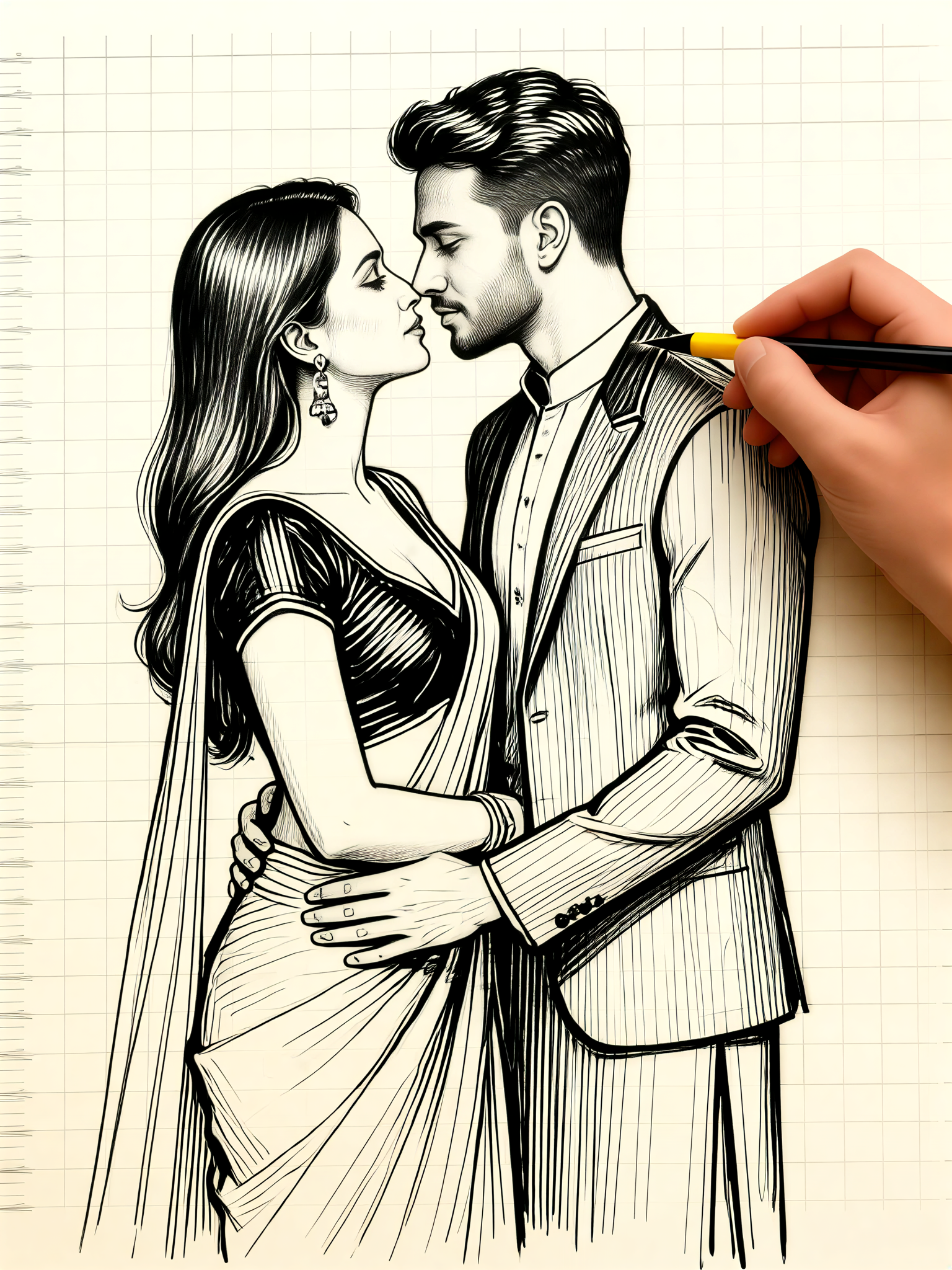 Couple Handdrawn Notebook - Black Needle Pen Close Kiss Sketching image