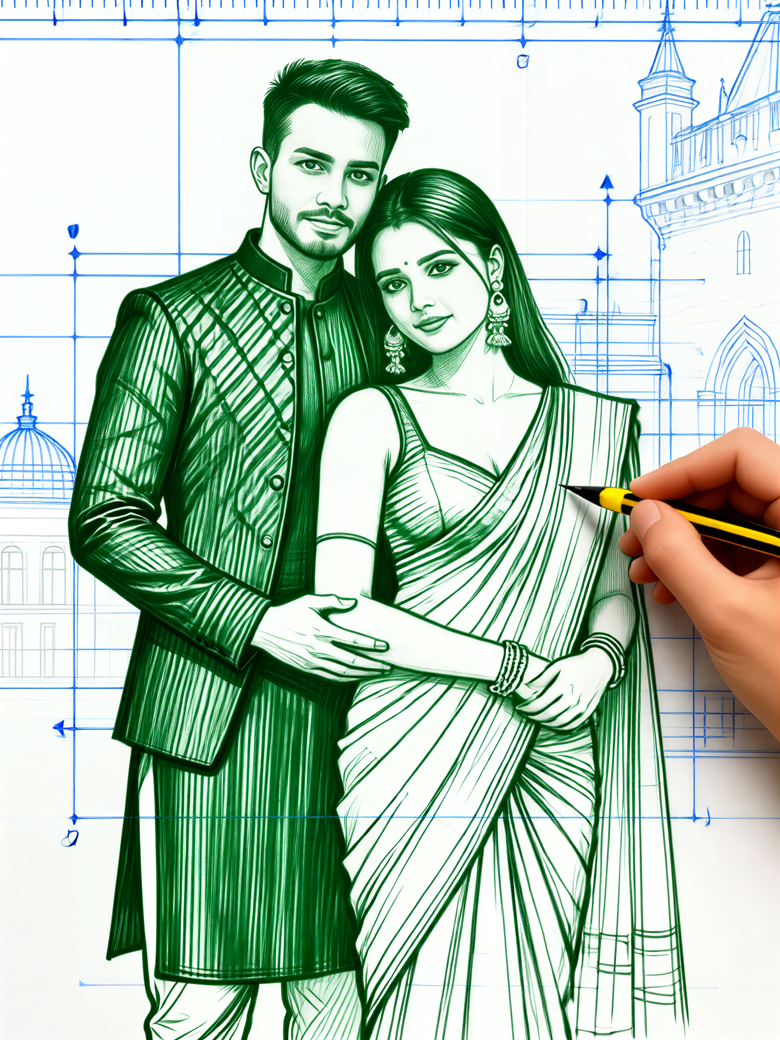 Couple hand drawn book - dark green engineering drawing image