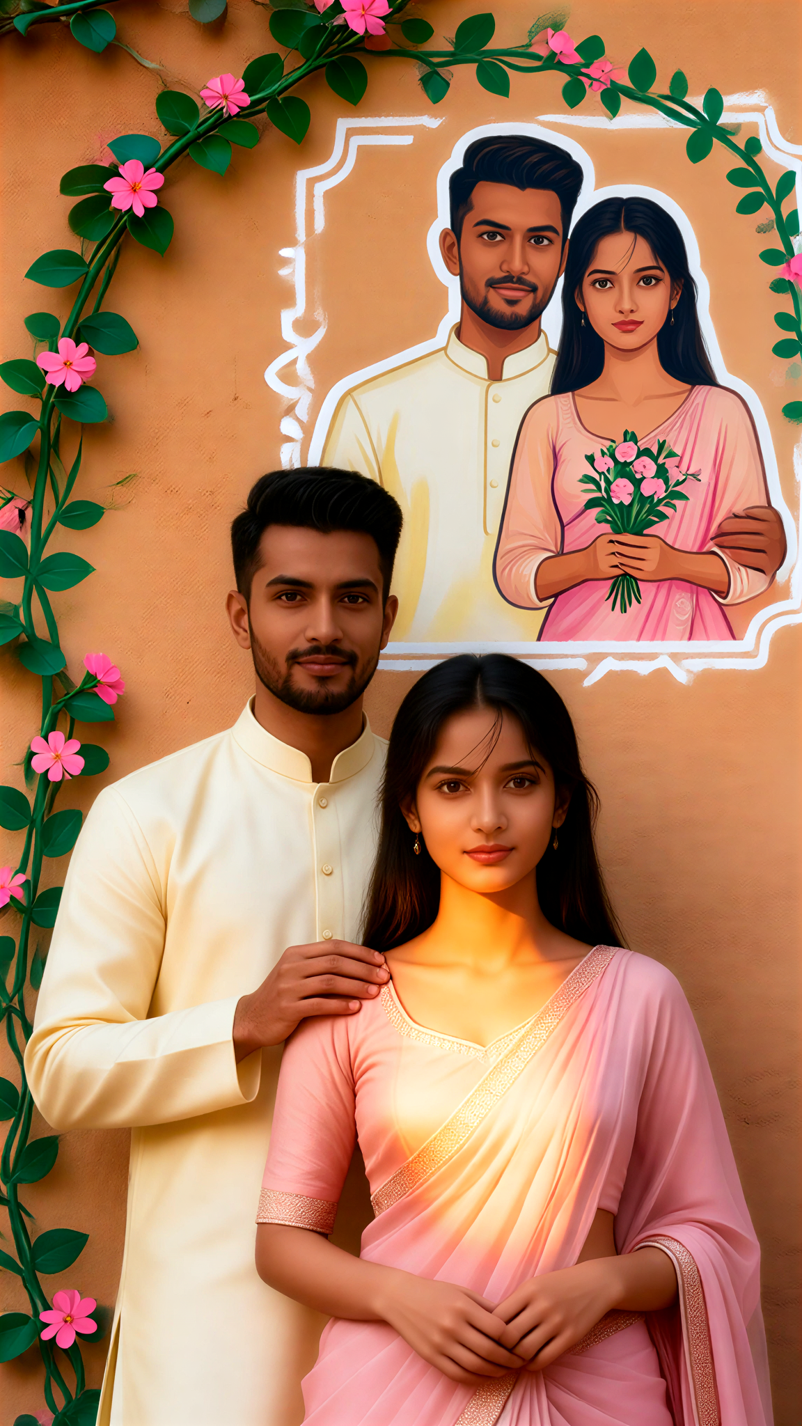 Couple wall painting on the front of the vine-covered earthen wall image