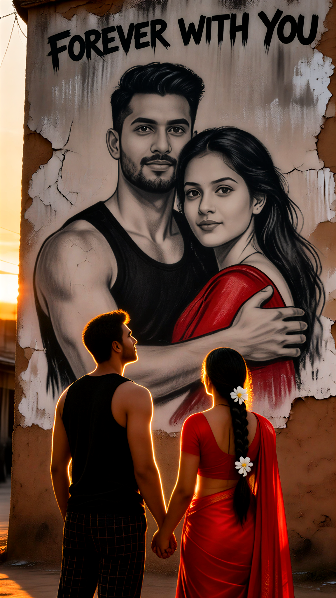 Back-to-back hand in hand, looking at wall paintings image