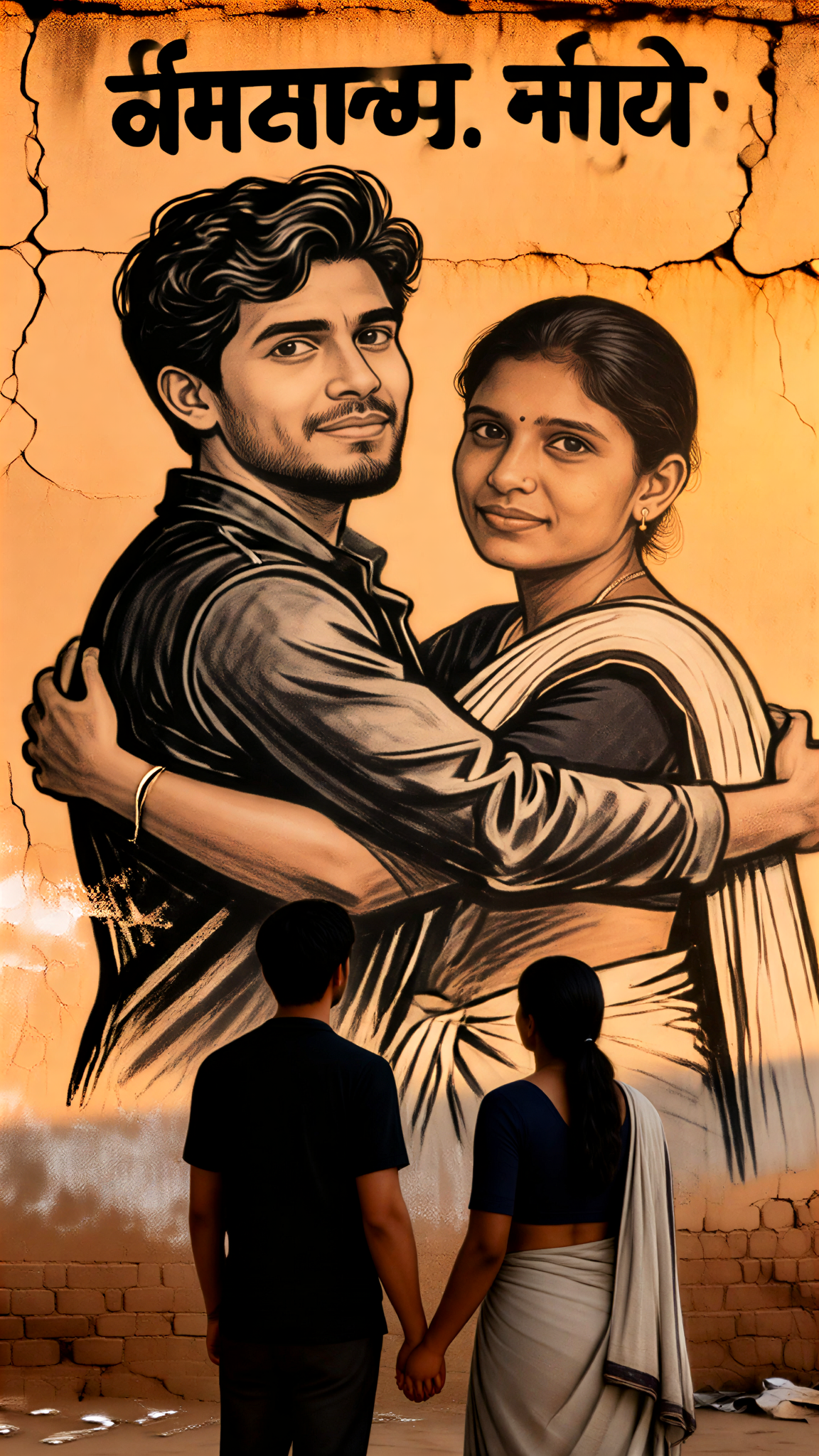 Wall painting couple hugging portrait image