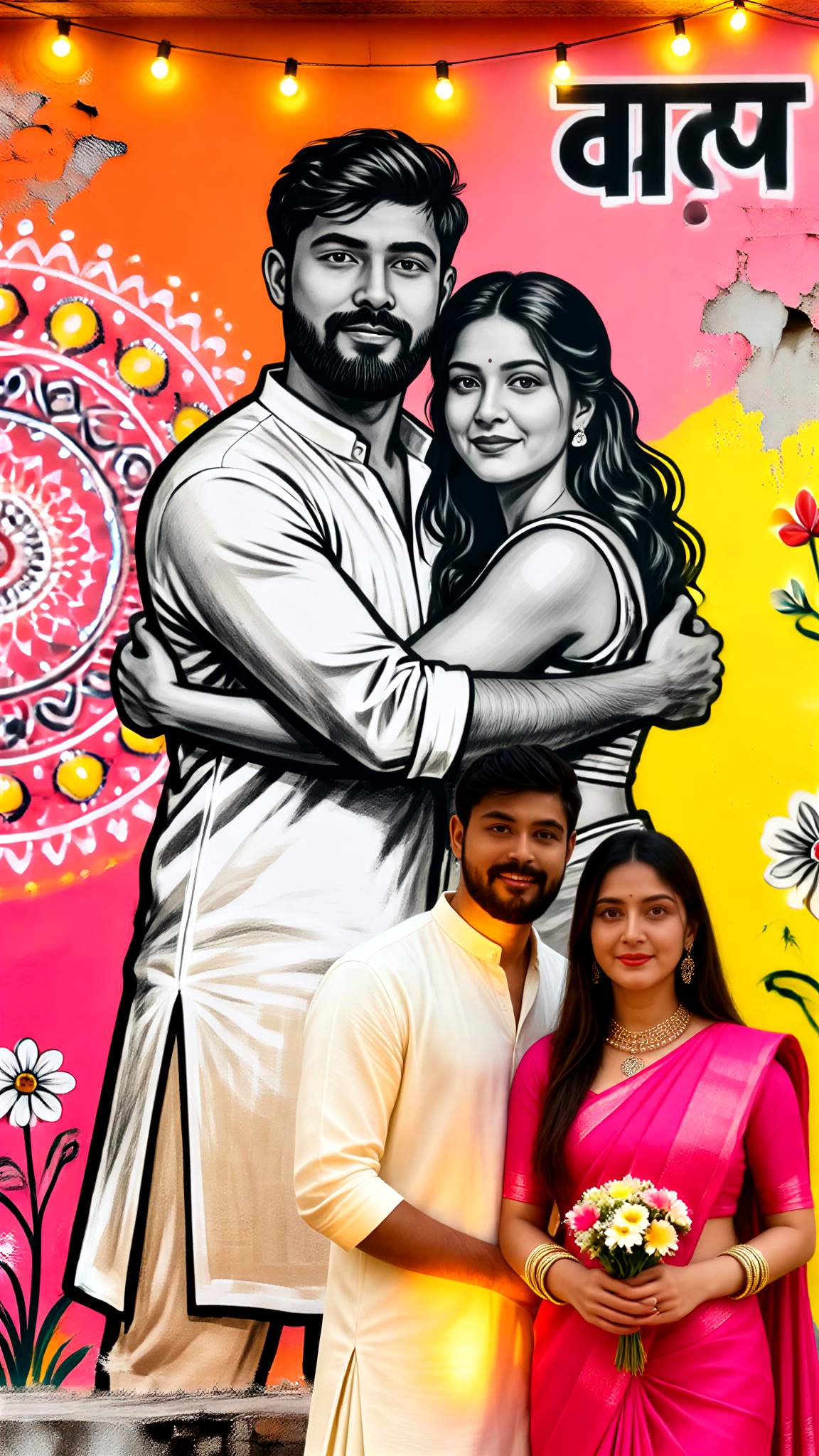 Indian Festival Color Wall Couple Wall Painting Portrait image