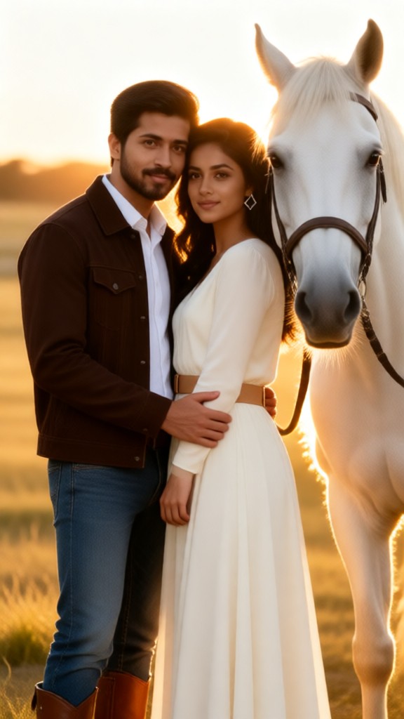 Romantic Couple Portrait with White Horse image