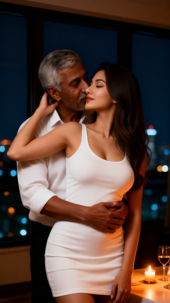 An old white-haired man weds a young beauty. image