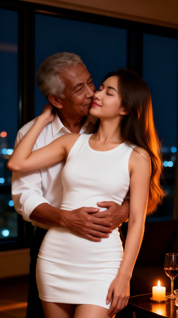 An old white-haired man weds a young beauty. image