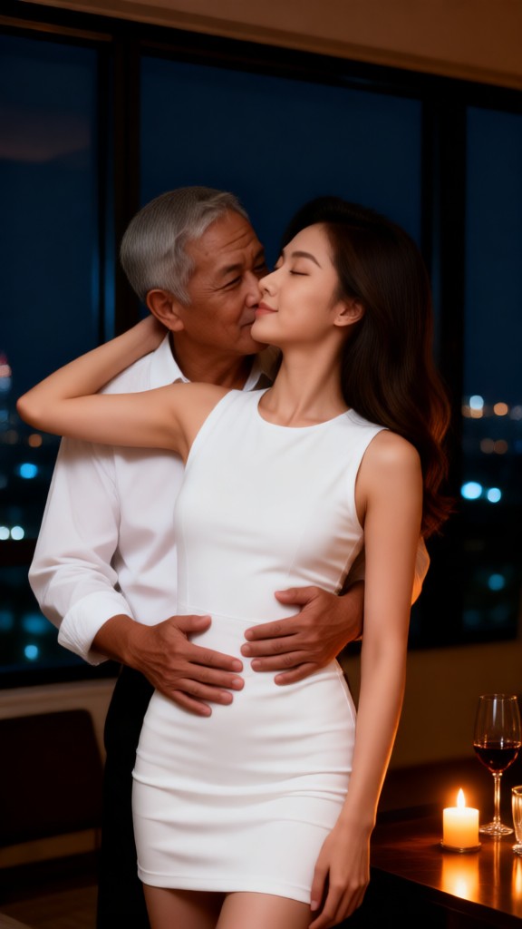An old white-haired man weds a young beauty. image