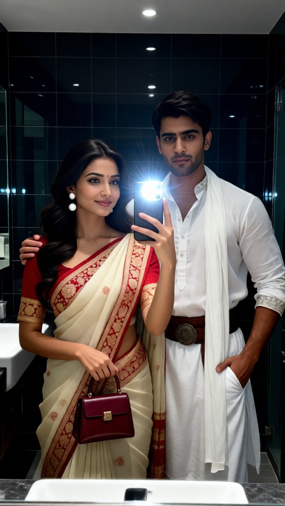 Sweet couple taking selfie at bathroom image
