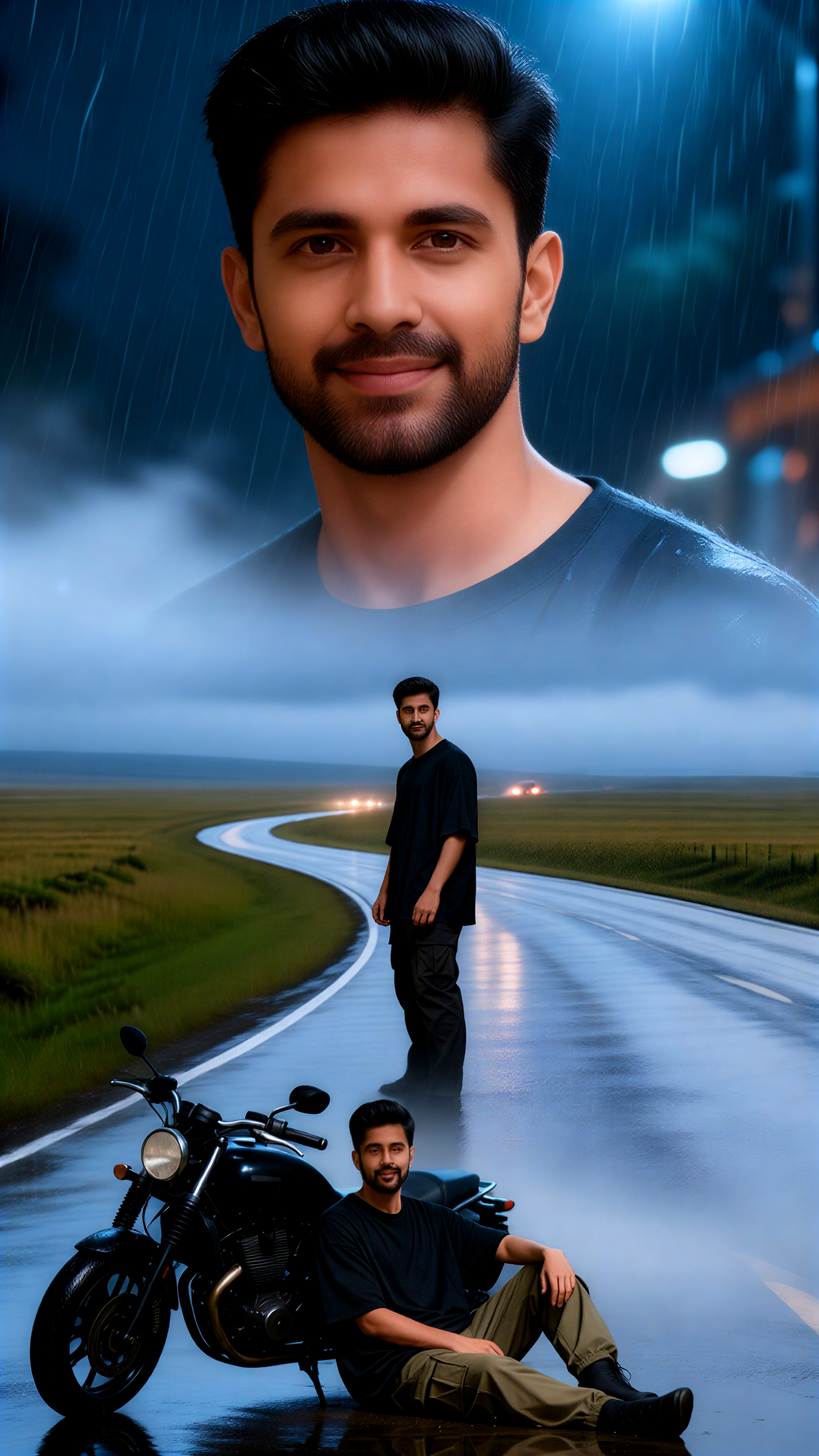 Grassland wet road spirit young man image