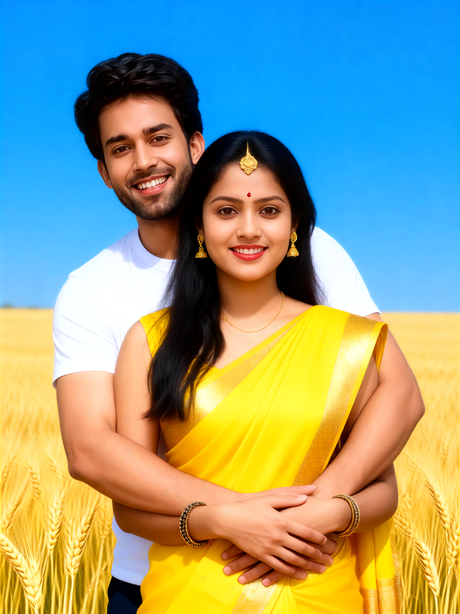 Wheat fields, blue sky - couple photo image