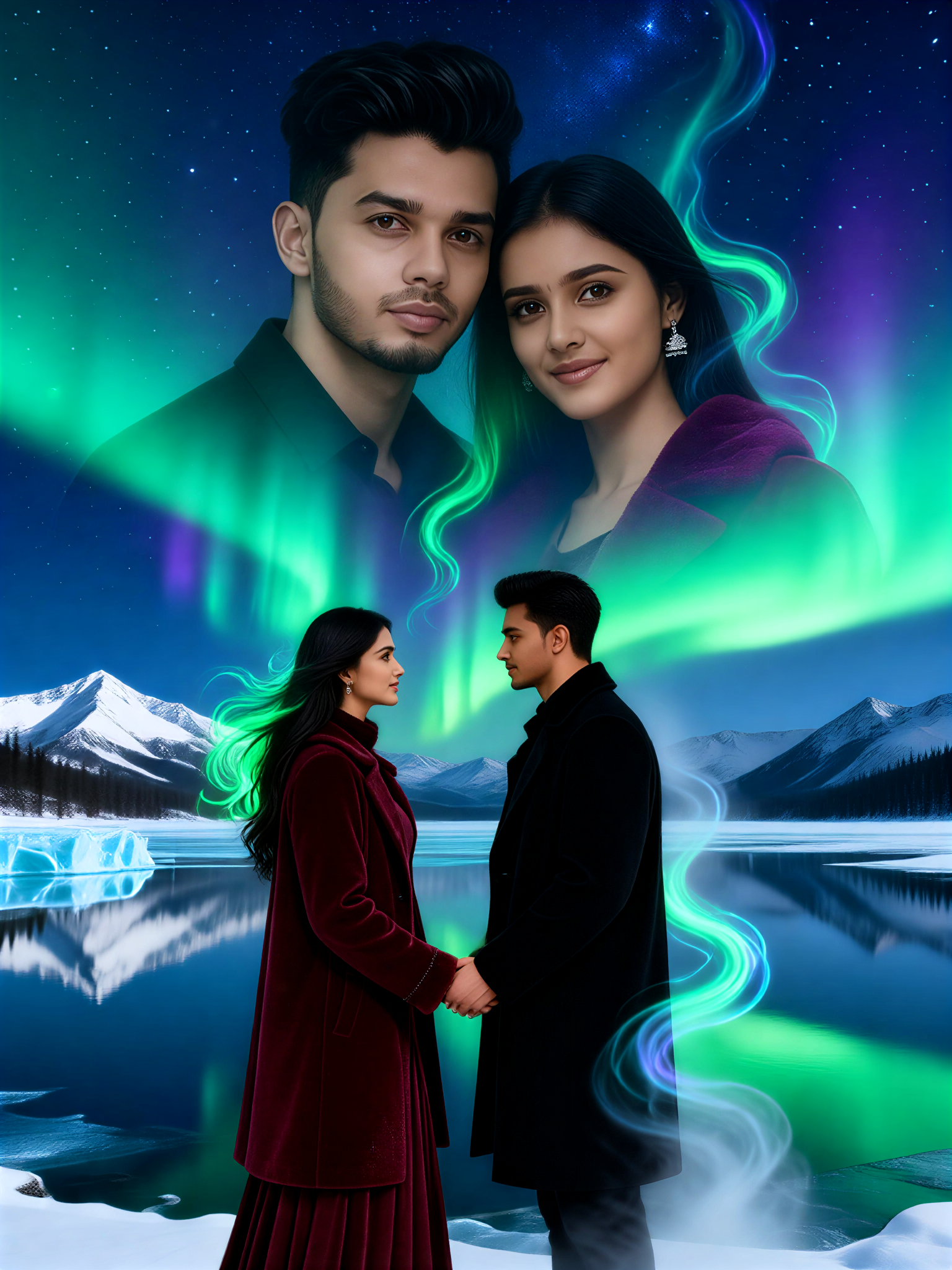 Aurora Nightscape Couple Double Exposure Poster image