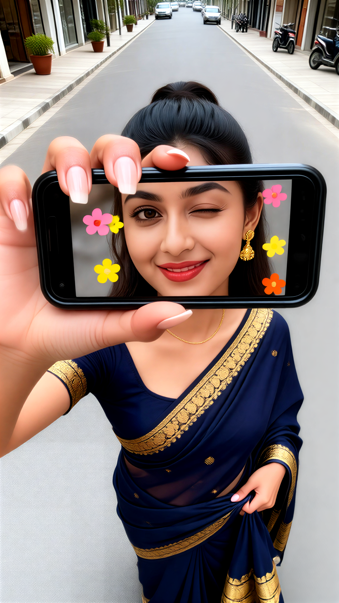 Close-up selfie with a flip-screen camera image