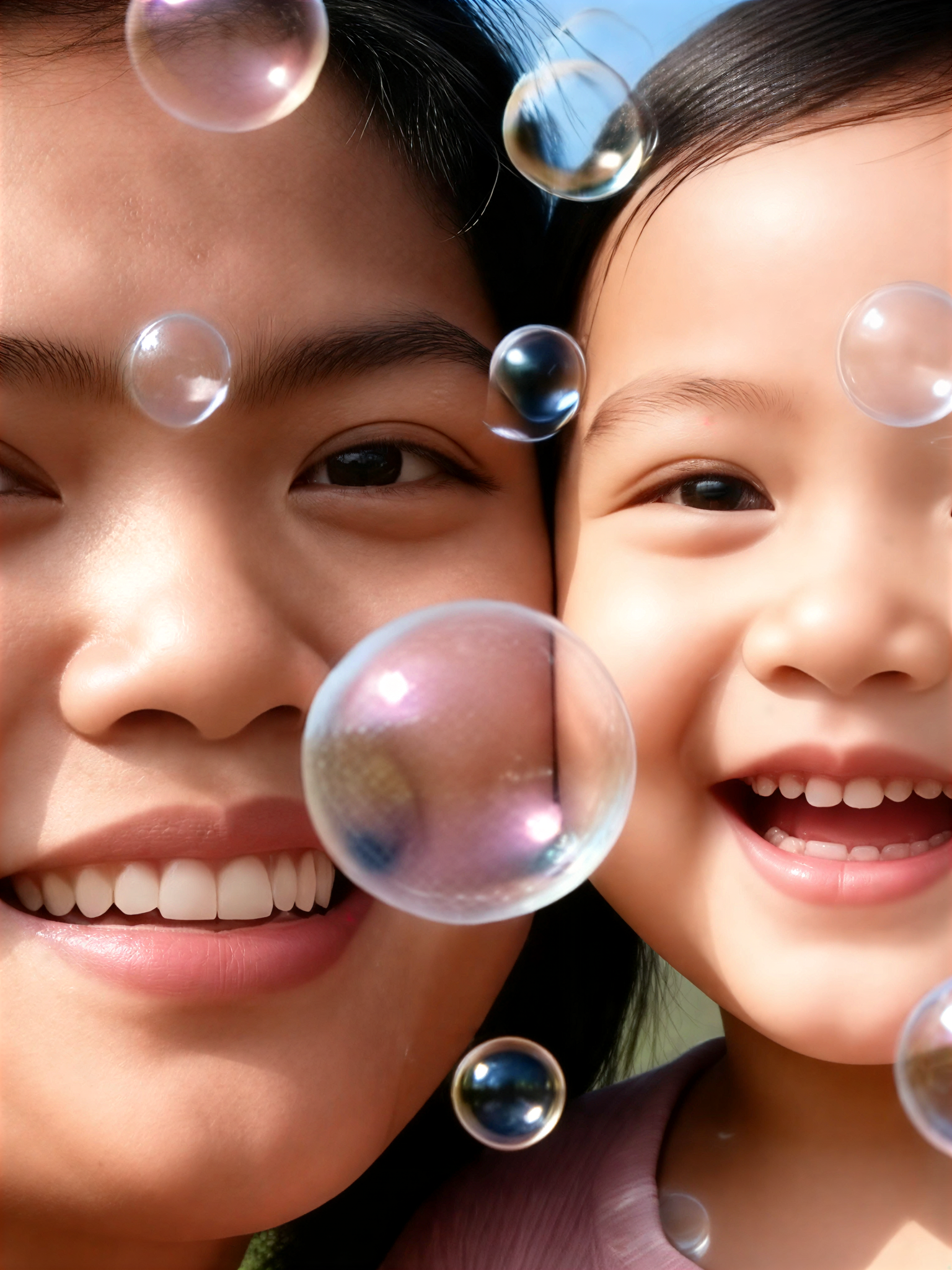 Sunlit Soap Bubble Mother-Baby Face-to-Face Portrait image