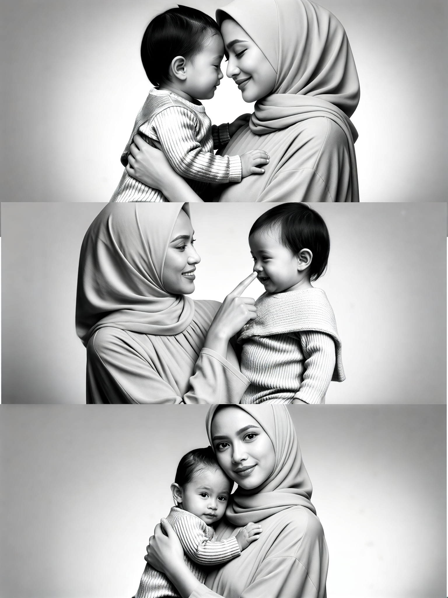 Black and White High-End Mother and Baby Three-Grid Portrait with Headscarf image