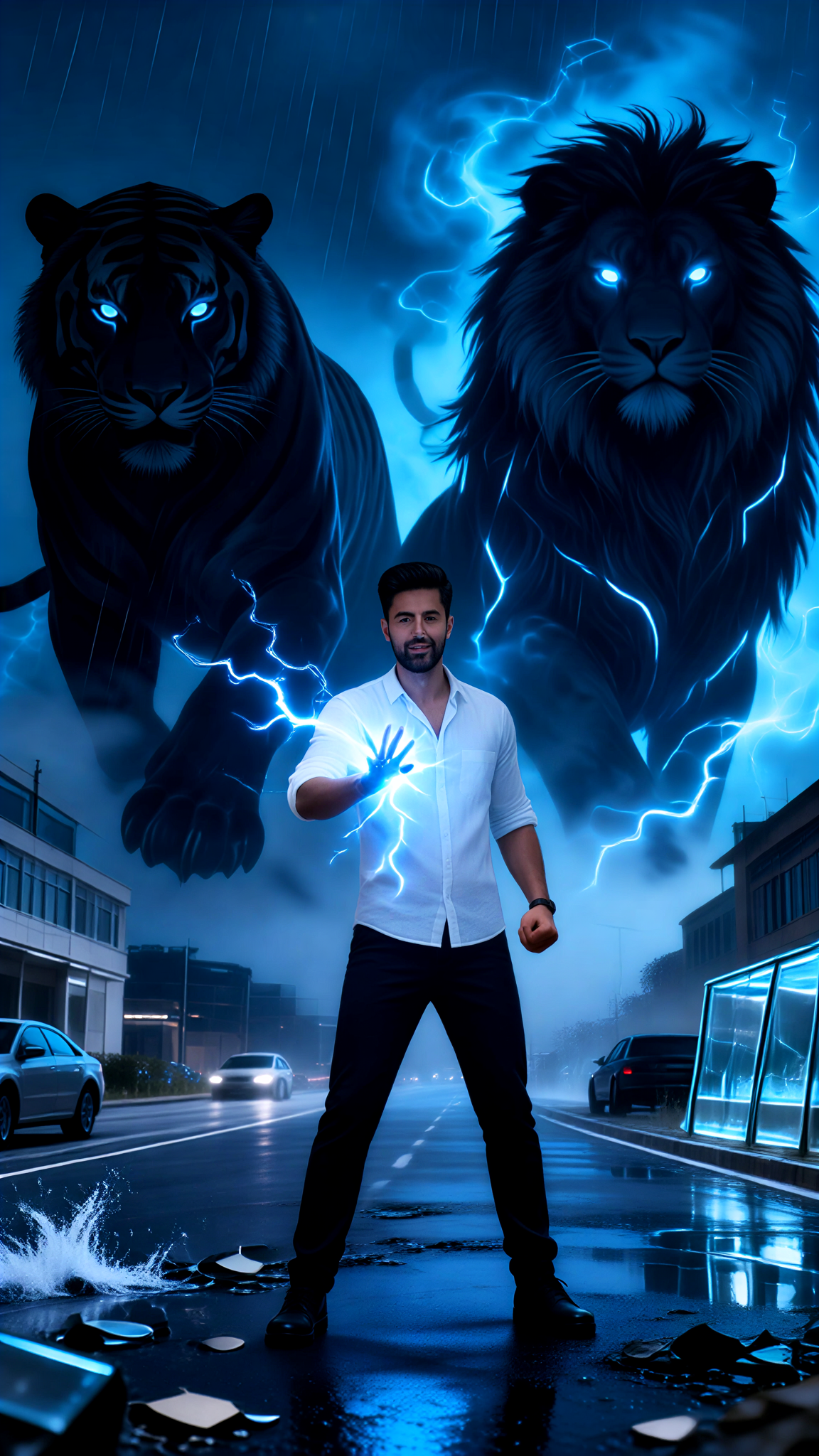 Double Exposure Portrait of Midnight Blue Thunder Tiger and Thunder Lion Martial image