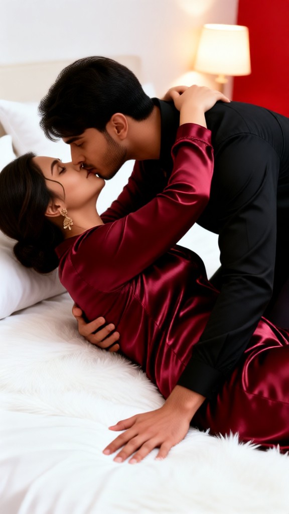Bending down and kissing on the white bed surface image