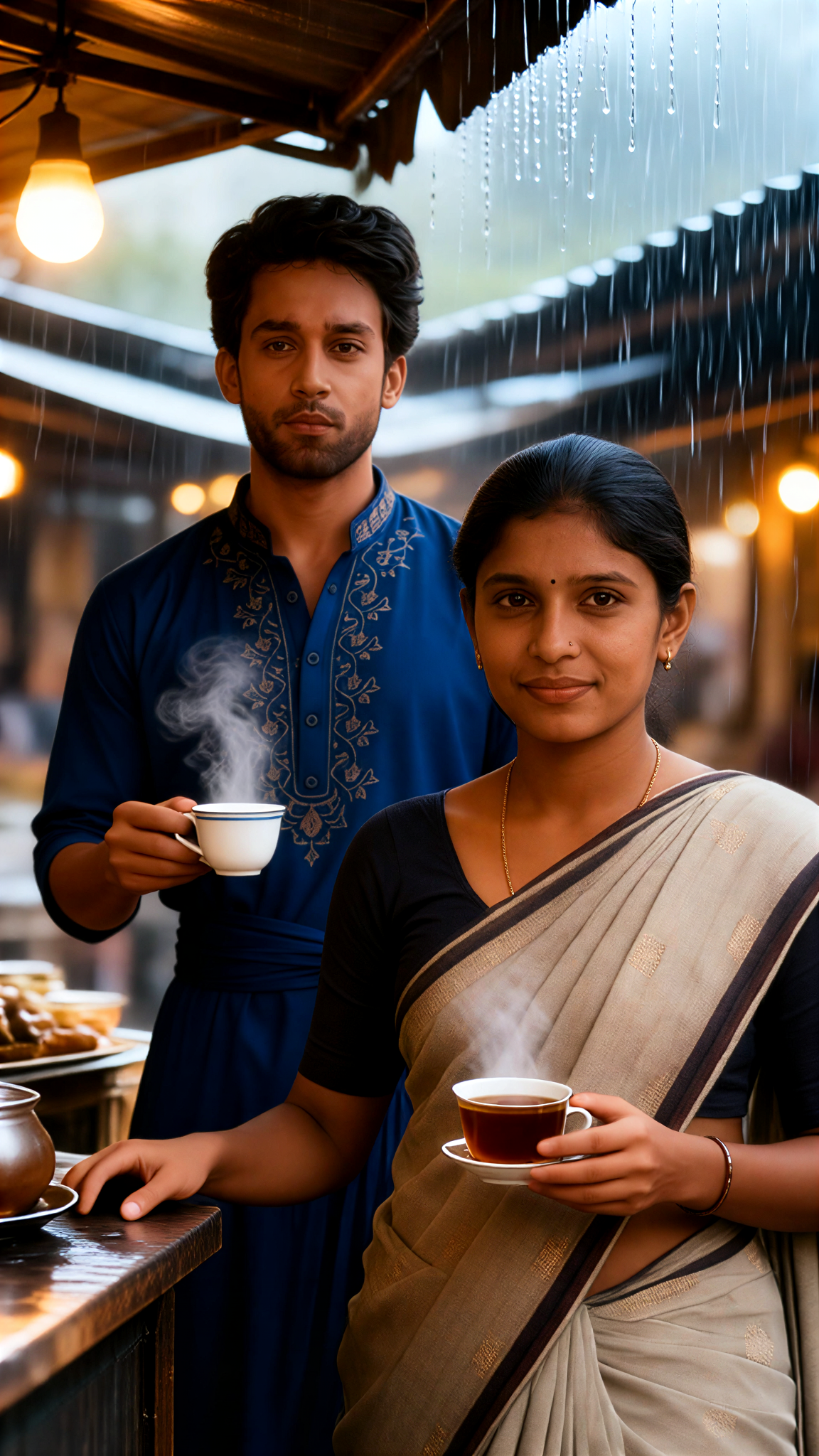 Couple Portrait Session at a Tea House by Streetlights on a Rainy Night image