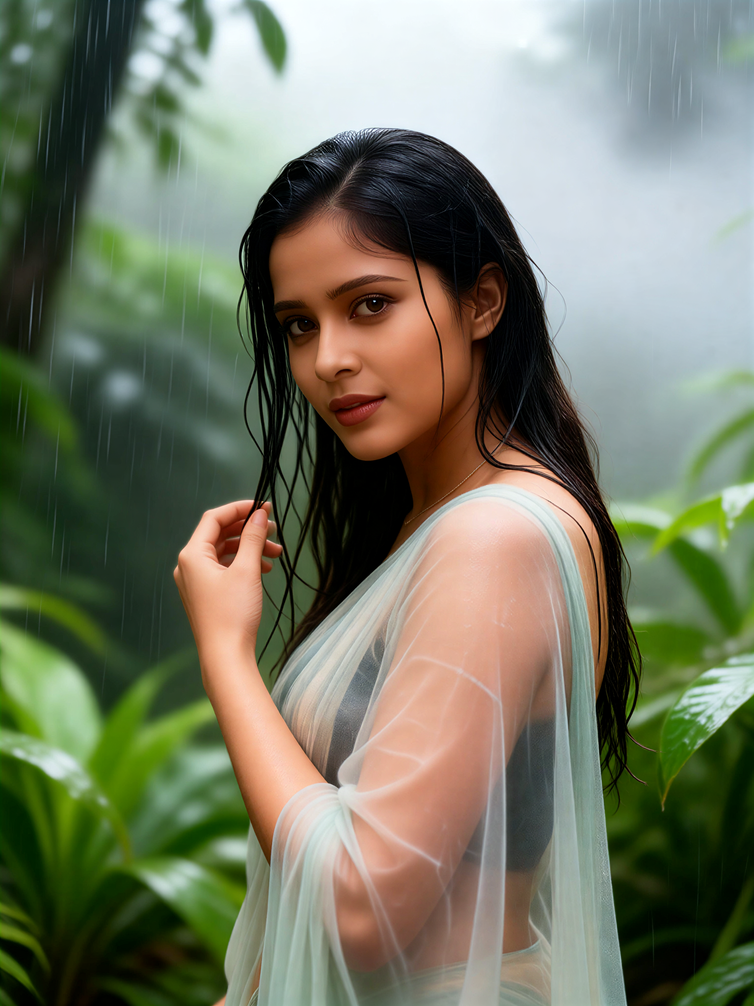 Sheer Saree Rain Pose image