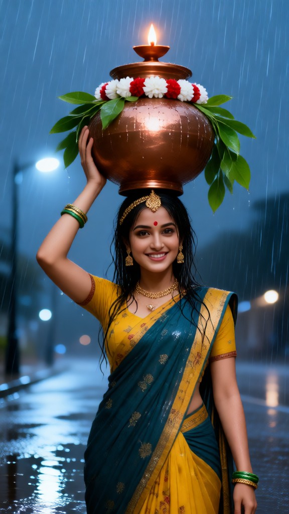 earthen jar with candle flame atop head in rain image