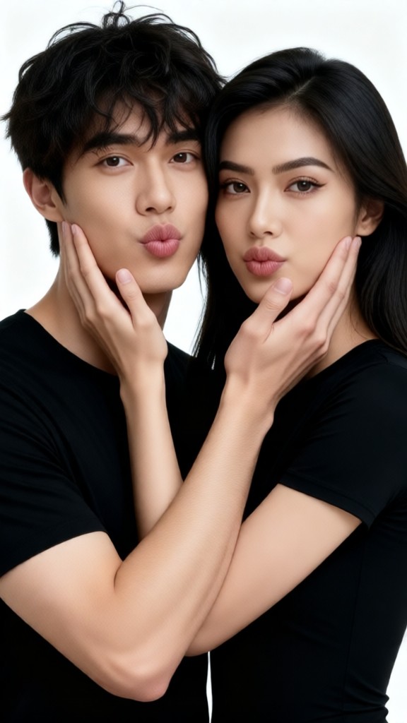 colorful wallpaper, couple pinching each other's cheeks image