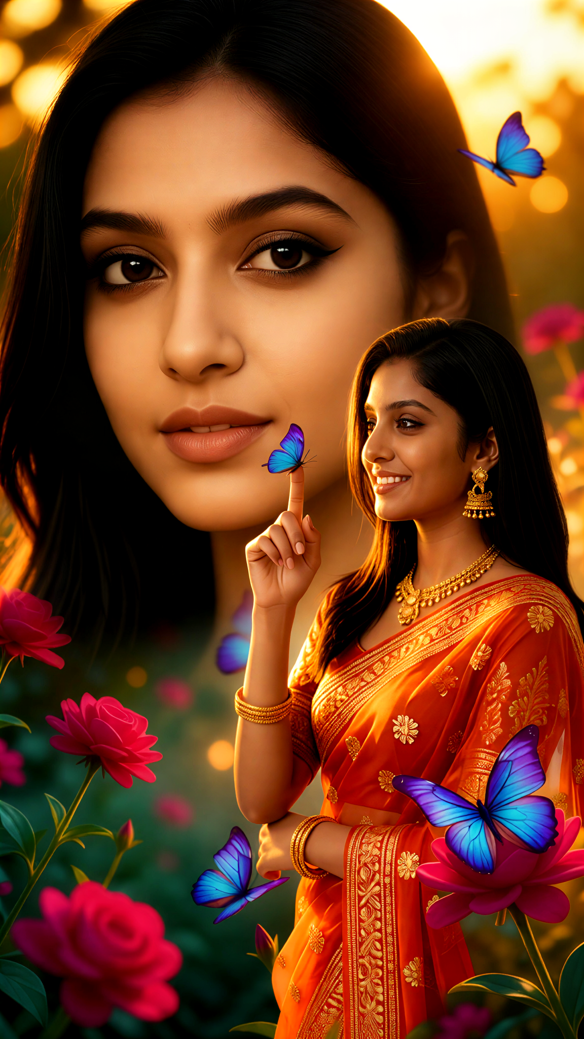 Blue Butterfly and Orange Red Sari image