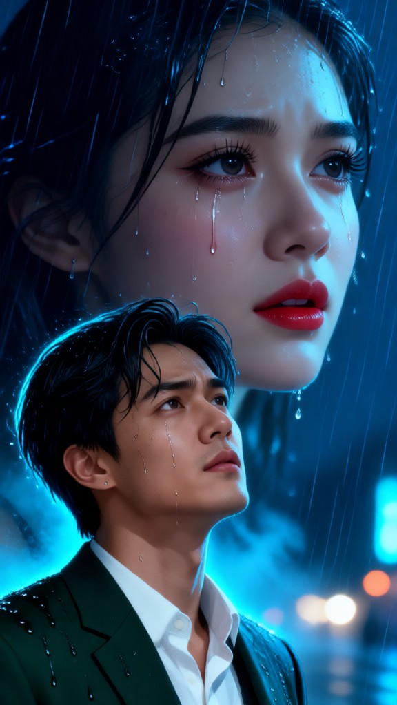 Sad man and woman on a rainy day-T image