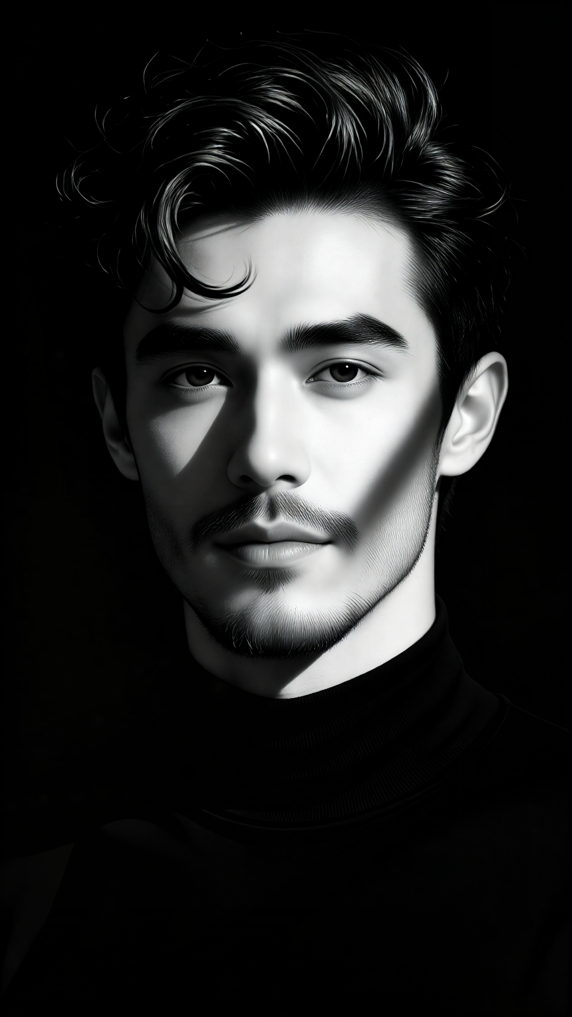 Black-and-white portrait of a young man with Rembrandt lighting. image