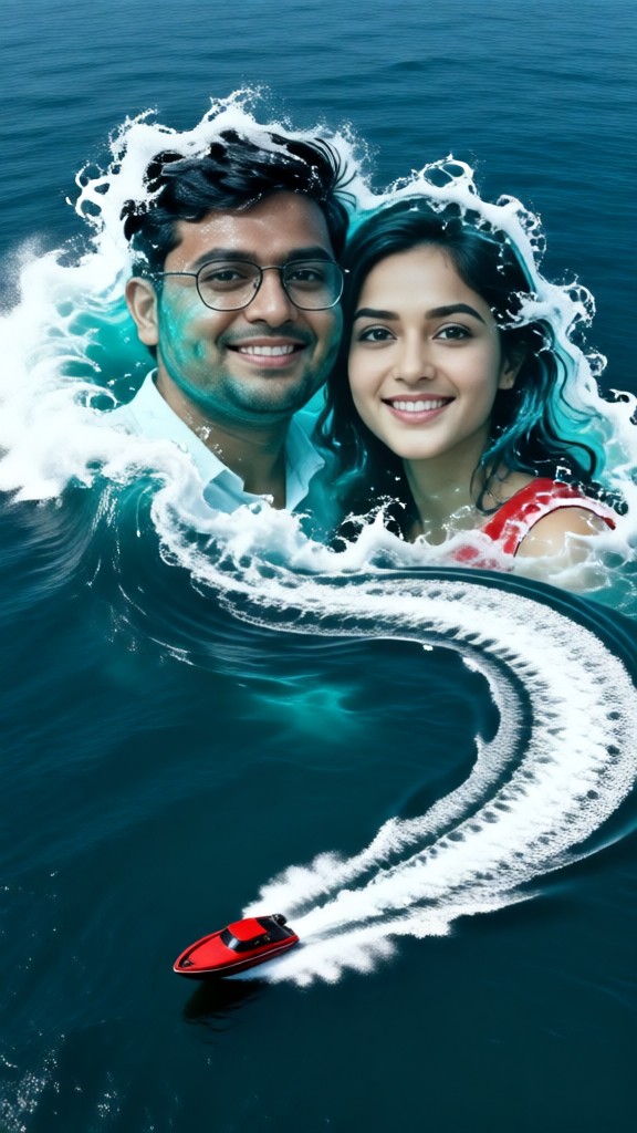 a group photo with a ship, the ocean and water ripples image
