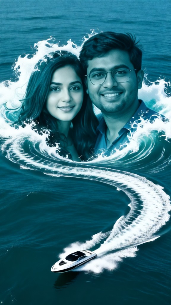 a group photo with a ship, the ocean and water ripples image