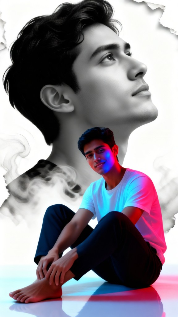 Ink-wash portrait with red and blue lighting effects image