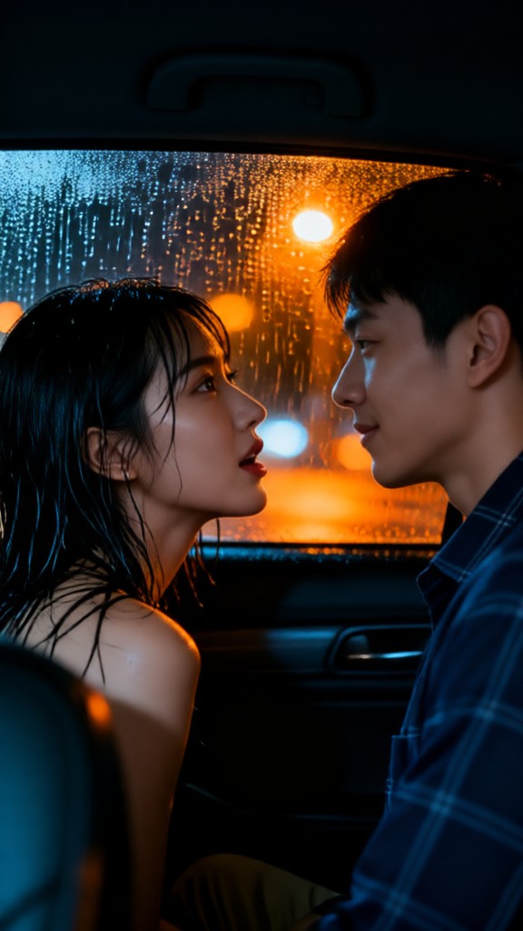 Kissing in the car on a rainy night-v1 image