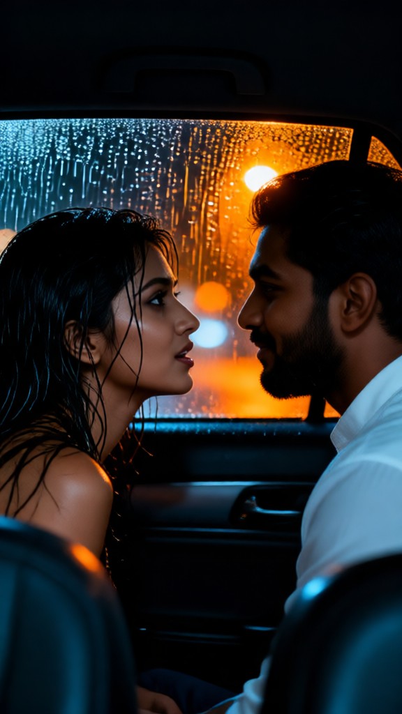 Kissing in the car on a rainy night-v3 image