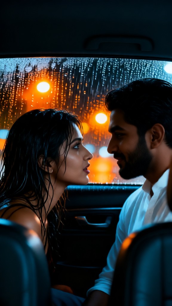 Kissing in the car on a rainy night-v3 image