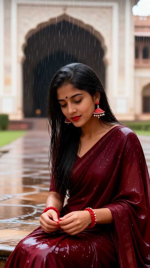 Beautiful Rainy Day Girl In Red Sari image