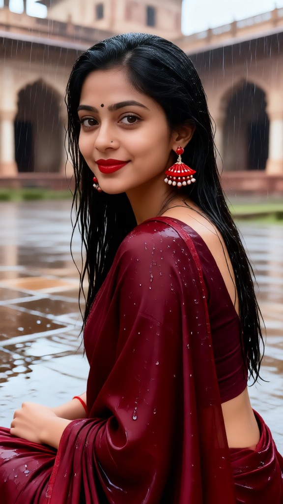 Beautiful Rainy Day Girl In Red Sari-02 image