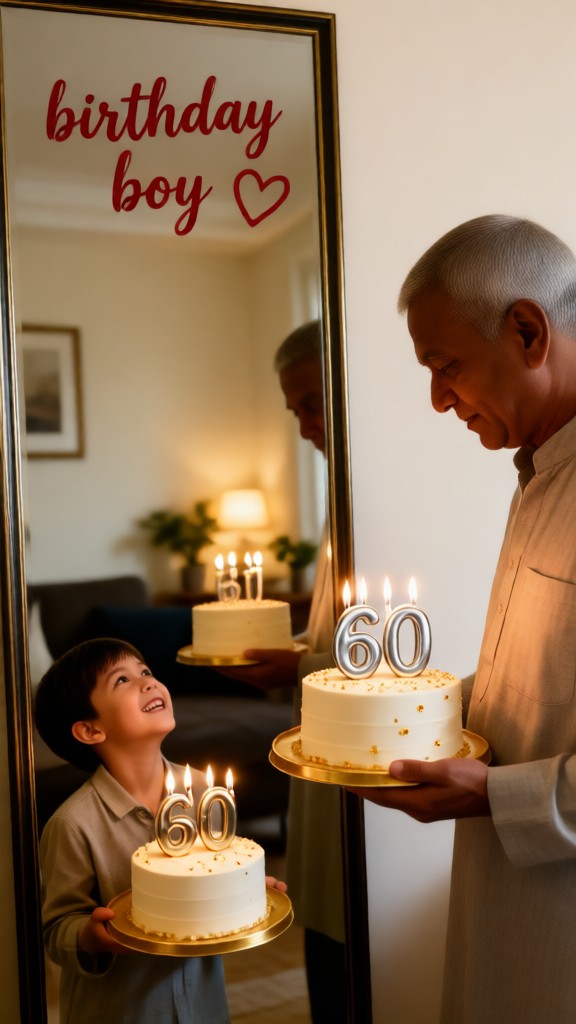 Junge feiert Geburtstag im Spiegel im Alter von 60 Jahren image