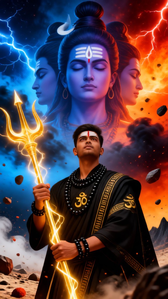 Multiple Hindu gods and a trident image