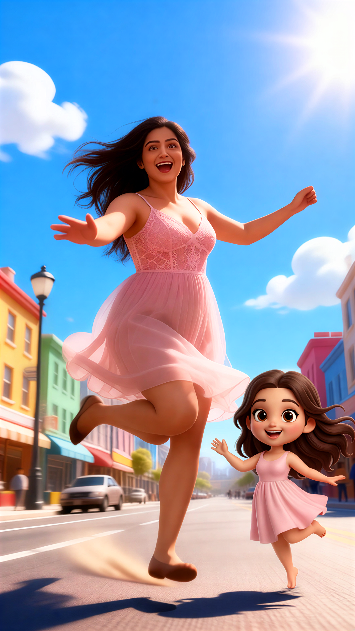 Real person and cartoon light step jumping image