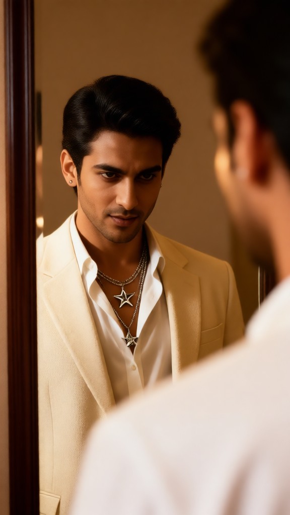 A man’s profile as he changes his outfit in front of the mirror image