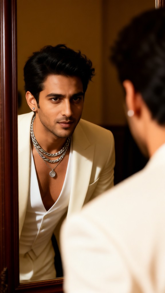 A man’s profile as he changes his outfit in front of the mirror image