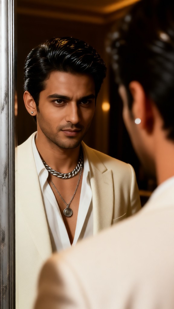 A man’s profile as he changes his outfit in front of the mirror image