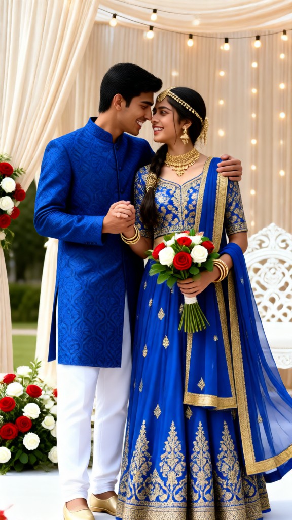 Group photo with a royal blue wedding dress image